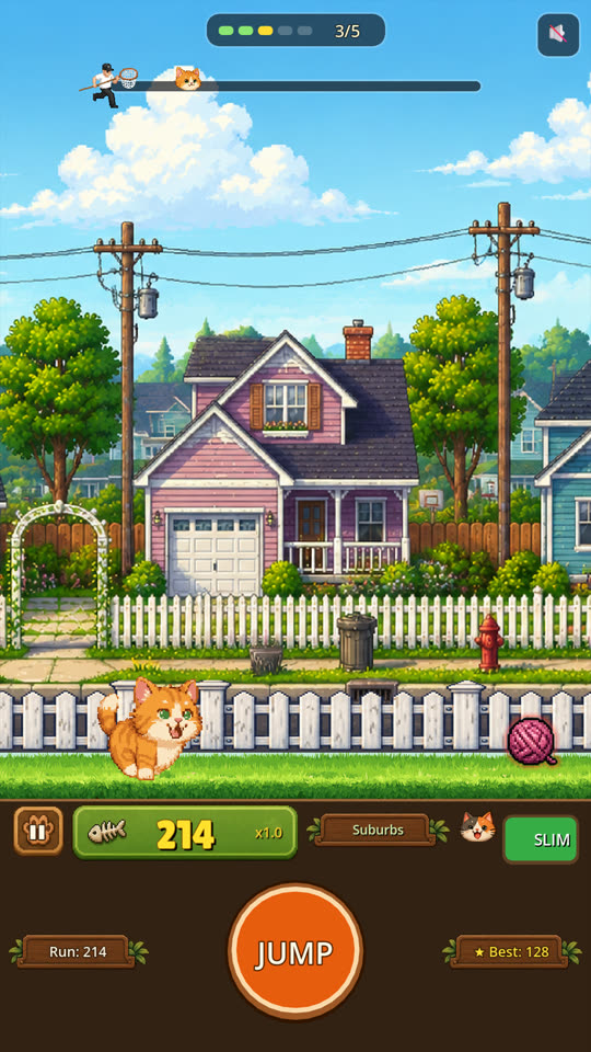 An orange cat running past a white picket fence in the Suburbs, with a Jump button below.