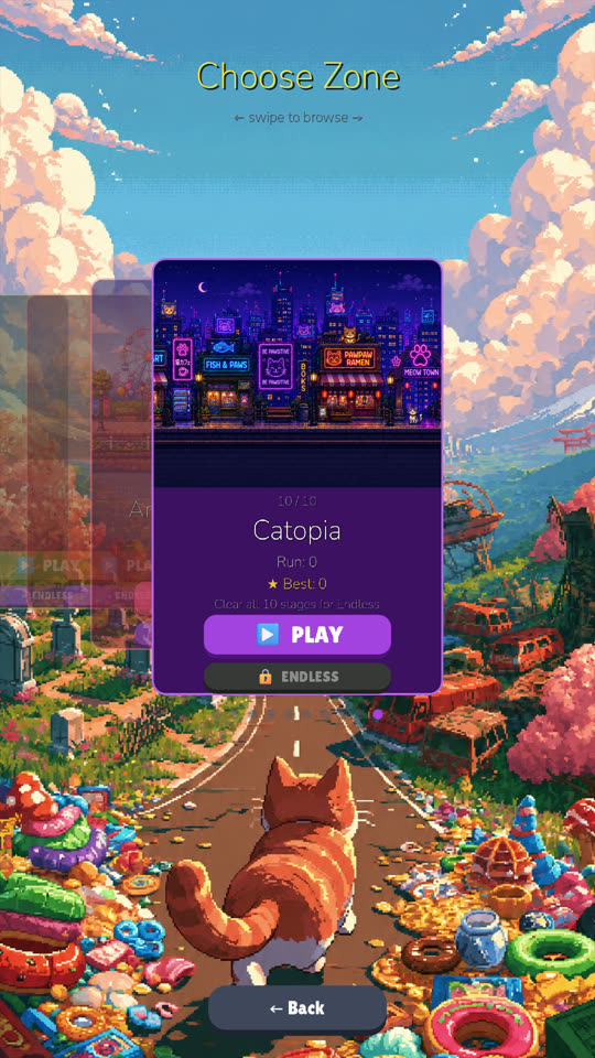 The zone select screen, showing a road winding towards Catopia.