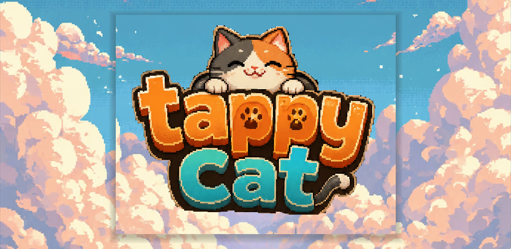 The Tappy Cat logo: a smiling calico cat peeking over the game's name, against a sky of orange clouds.