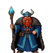 A red-bearded viking wizard in a horned helmet, holding a staff tipped with a glowing crystal.